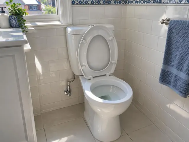 Clean white toilet in a tiled bathroom with window light and blue towels in Double Bay