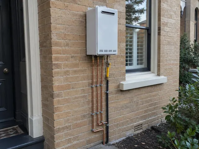 Wall-mounted hot water unit with copper pipes on a brick exterior wall beside a window in Woollahra